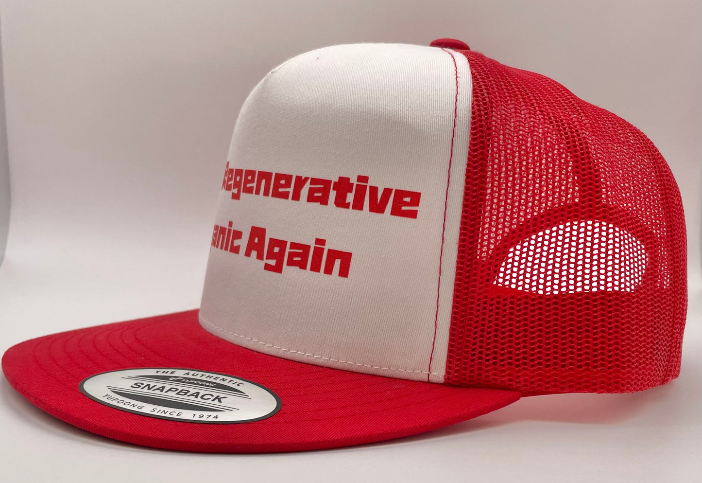 Make Regenerative Organic Again Classic Flat Bill Trucker Hat - red & white