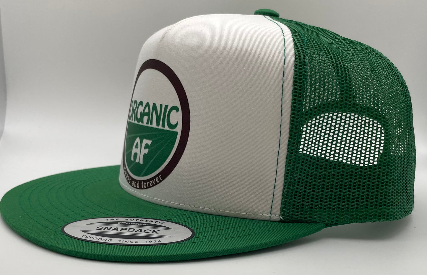 Organic AF ‘double-take’ Classic Flat Bill Trucker Hat - green & white