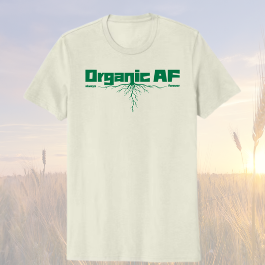 Organic AF “Deep Roots” Shirt - Sand White w/ Green.  100% organic cotton.