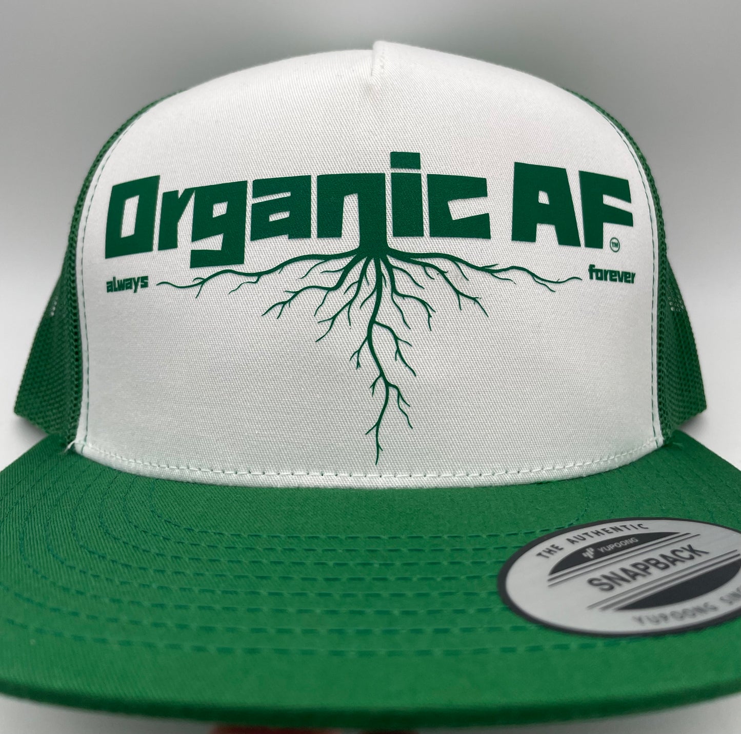 Organic AF ‘Roots’ Classic Flat Bill Trucker Hat - green & white