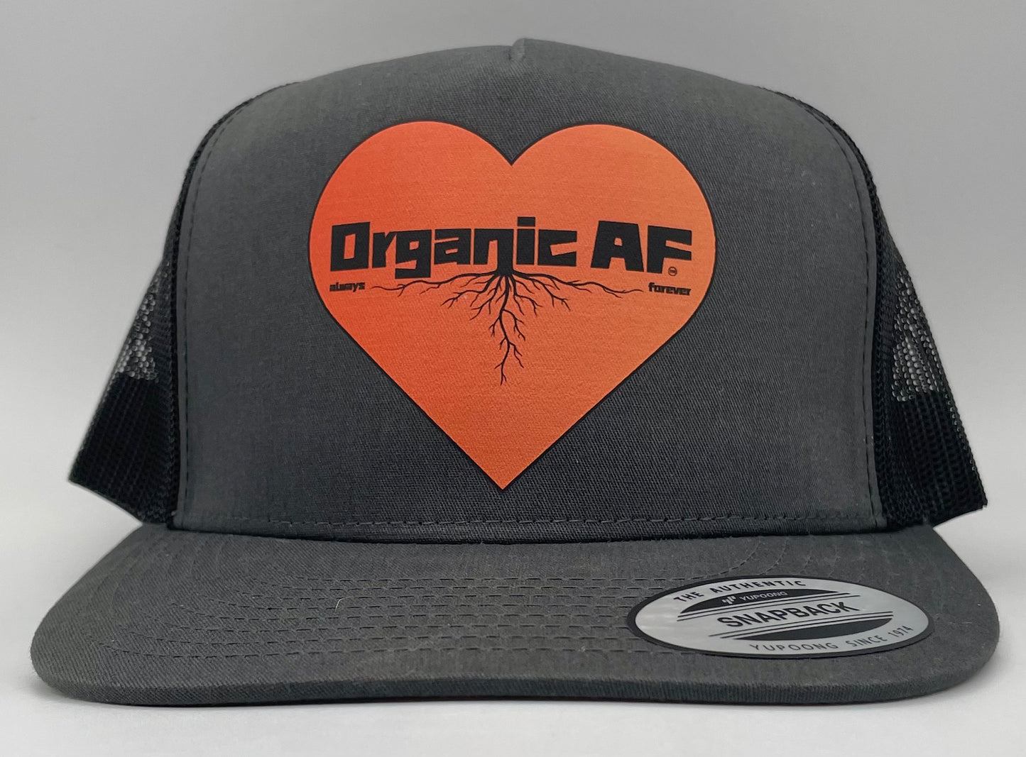 Organic AF ‘Heart’ Classic Flat Bill Trucker Hat - charcoal & black