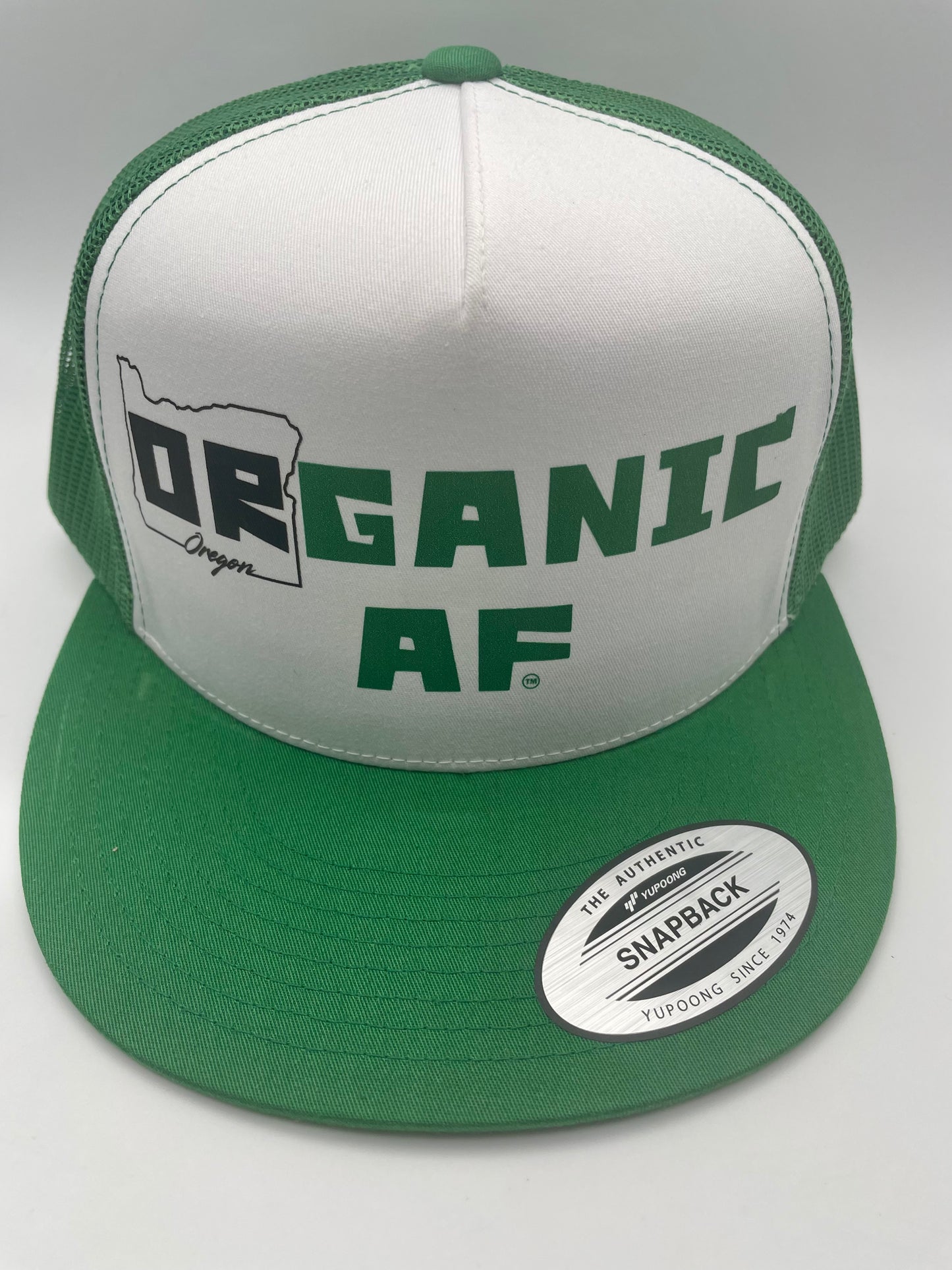 Oregon Organic AF Classic Flat Bill Trucker Hat - green & white